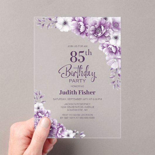 ピンクスタイリッシュフローラ85th誕生日パーティー アクリル招待状 (インサイチュ (ポータブル))