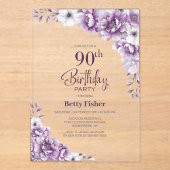 ピンクスタイリッシュフローラ90th誕生日パーティー アクリル招待状 (正面)