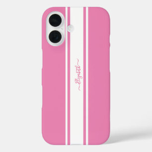 ピンクスタイリッシュホワイトレーシングストライプシッモノグラムのク iPhone 16ケース