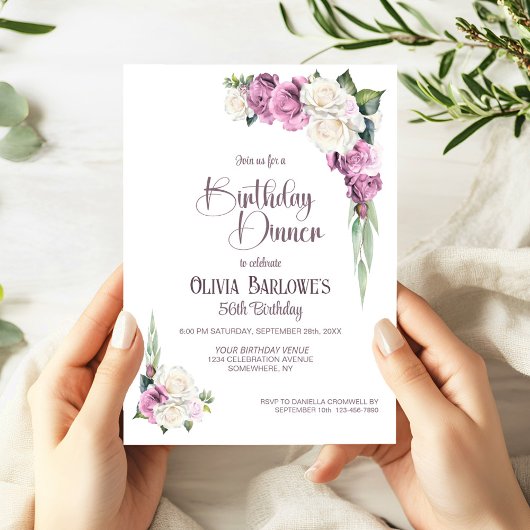 ピンクスタイリッシュホワイトローズフローラ誕生日ディナー 招待状