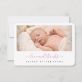 ピンクスタイリッシュモダンの脚本少女の赤ちゃんシャワー サンキューカード (正面)