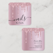 ピンクスタイリッシュローズ金ゴールドグリッタードリップ爪、 ネイル スクエア名刺 (正面/裏面)