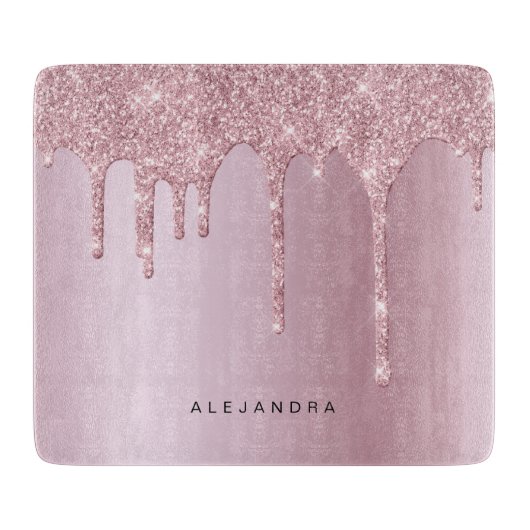 ピンクスタイリッシュローズ金ゴールドグリッター滴 カッティングボード (正面)