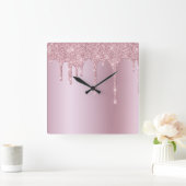 ピンクスタイリッシュローズ金ゴールドグリッター滴 スクエア壁時計 (ホーム)