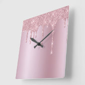 ピンクスタイリッシュローズ金ゴールドグリッター滴 スクエア壁時計 (傾斜)