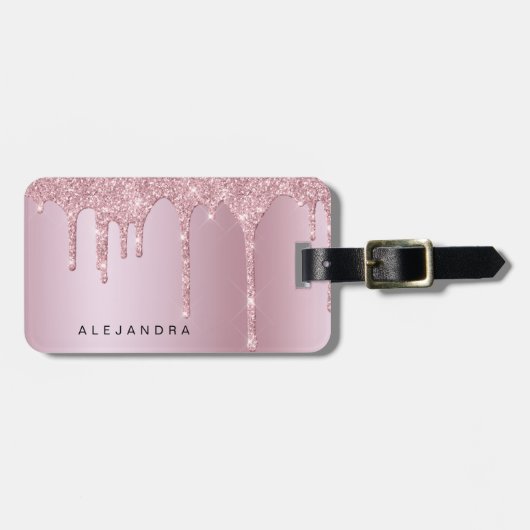 ピンクスタイリッシュローズ金ゴールドグリッター滴 ラゲッジタグ (正面横)