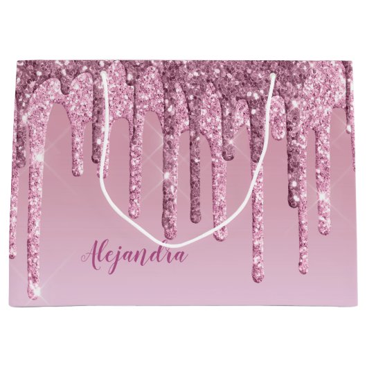 ピンクスタイリッシュローズ金ゴールドグリッター滴 ラージペーパーバッグ (正面)