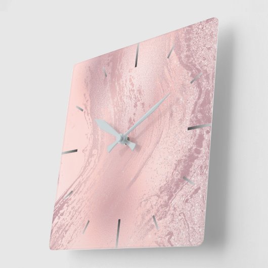 ピンクスタイリッシュローズ金ゴールド大理石 スクエア壁時計 (傾斜)