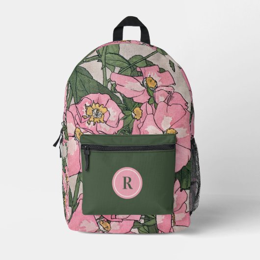 ピンクスタイリッシュヴィンテージフローラモノグラム プリントバックパック (正面)