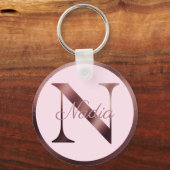 ピンクスタイリッシュ文字Nバラ金ゴールドメタリックモノグラム キーホルダー (正面)