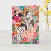 ピンクスタイリッシュ熱帯ゼブラガーリーハッピーバースデー カード (黄色い花)