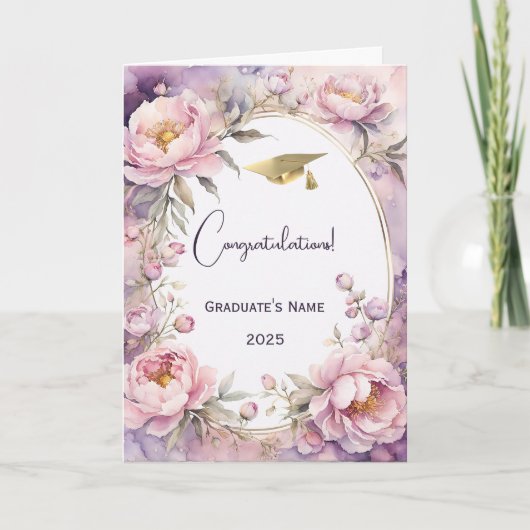 ピンクスタイリッシュ牡丹の水彩卒業 カード (正面)