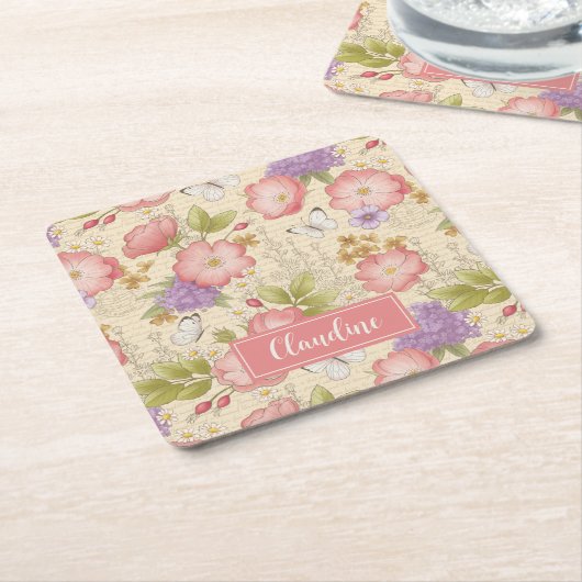 ピンクスタイリッシュ色の植物花の柄 スクエアペーパーコースター (アングル)