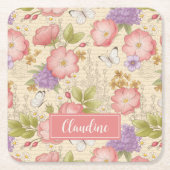 ピンクスタイリッシュ色の植物花の柄 スクエアペーパーコースター (正面)