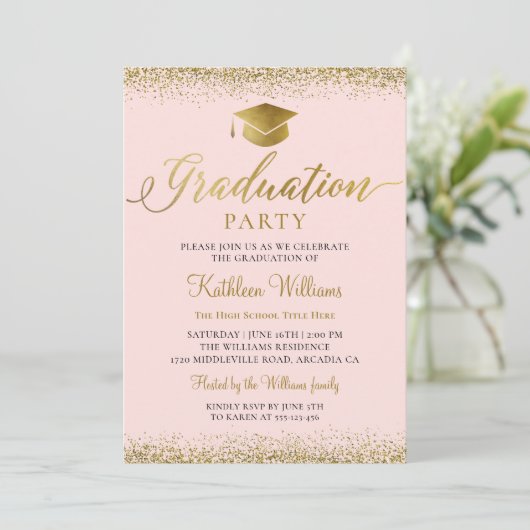 ピンクスタイリッシュ金ゴールドグリッター写真卒業パーティー 招待状 (スタンド正面)
