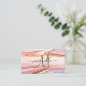 ピンクスタイリッシュ金ゴールドグリッター大理石アゲートモノグラム 名刺 (スタンド正面)