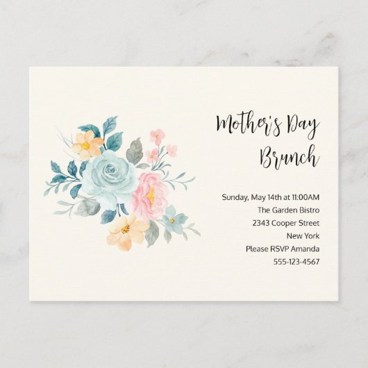 ピンクスタイリッシュ&ブルーの花 – 母の日ブランチ インビテーションポストカード (正面)