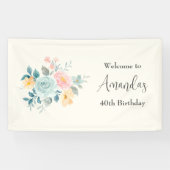 ピンクスタイリッシュ&ブルーフラワーズ誕生日へようこそ 横断幕 (横)