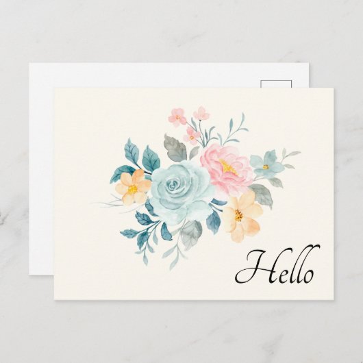 ピンクスタイリッシュ&ブルーフラワーブーケこんにちは ポストカード (正面/裏面)