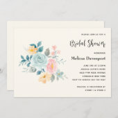 ピンクスタイリッシュ&ブルーフラワーブーケブライダルシャワー 招待状 (正面/裏面)