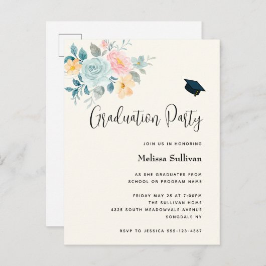 ピンクスタイリッシュ&ブルーフラワーブーケ卒業 インビテーションポストカード (正面/裏面)