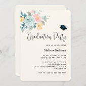 ピンクスタイリッシュ&ブルーフラワーブーケ卒業 招待状 (正面/裏面)