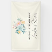 ピンクスタイリッシュ&ブルーフラワーブーケ結婚の歓迎 横断幕 (縦)
