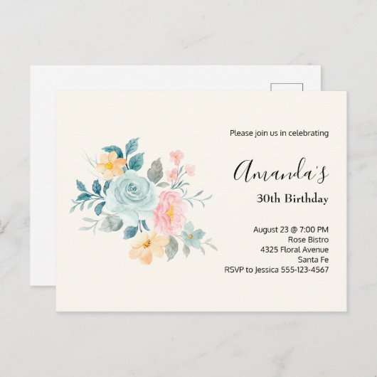 ピンクスタイリッシュ&ブルーフラワーブーケ誕生日招待状 ポストカード (正面/裏面)