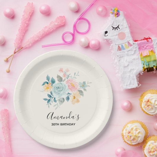 ピンクスタイリッシュ&ブルーフラワーブーケ誕生日 ペーパープレート (パーティー)