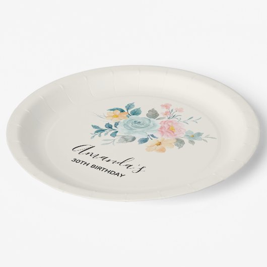 ピンクスタイリッシュ&ブルーフラワーブーケ誕生日 ペーパープレート (アングル)