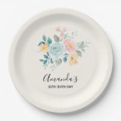 ピンクスタイリッシュ&ブルーフラワーブーケ誕生日 ペーパープレート (正面)