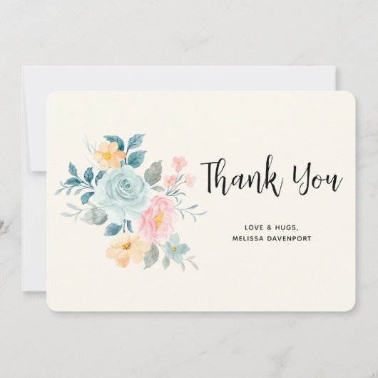 ピンクスタイリッシュ&ブルーフラワーブーケ – ありがとう サンキューカード (正面)