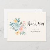 ピンクスタイリッシュ&ブルーフラワーブーケ – ありがとう ポストカード (正面/裏面)