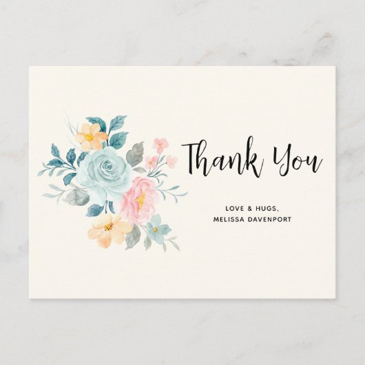 ピンクスタイリッシュ&ブルーフラワーブーケ – ありがとう ポストカード (正面)