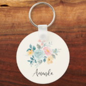ピンクスタイリッシュ&ブルーフラワーブーケ キーホルダー (正面)