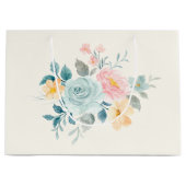 ピンクスタイリッシュ&ブルーフラワーブーケ ラージペーパーバッグ (正面)