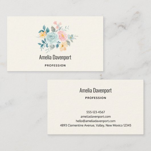 ピンクスタイリッシュ&ブルーフラワーブーケ 名刺 (正面/裏面)