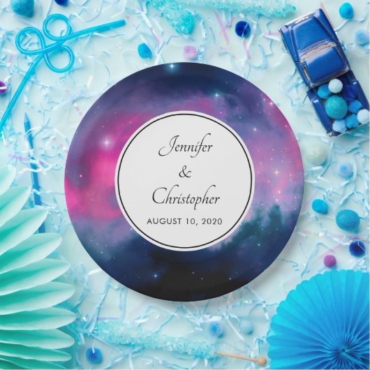 ピンクスタイリッシュ&ブルー銀河系スターズ抽象芸術結婚 ペーパープレート (パーティー)