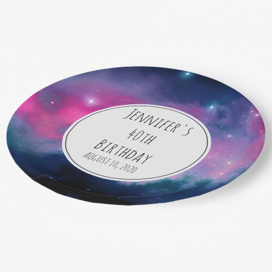 ピンクスタイリッシュ&ブルー銀河系スターズ抽象芸術誕生日 ペーパープレート (アングル)