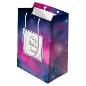 ピンクスタイリッシュ&ブルー銀河系スターズ抽象芸術誕生日 ミディアムペーパーバッグ (裏面アングル)