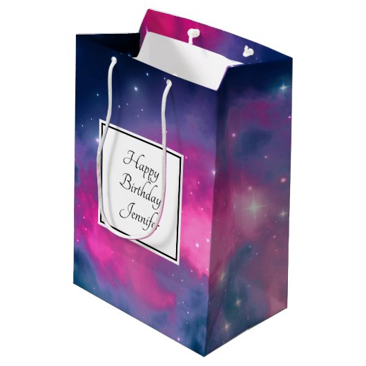ピンクスタイリッシュ&ブルー銀河系スターズ抽象芸術誕生日 ミディアムペーパーバッグ (裏面アングル)