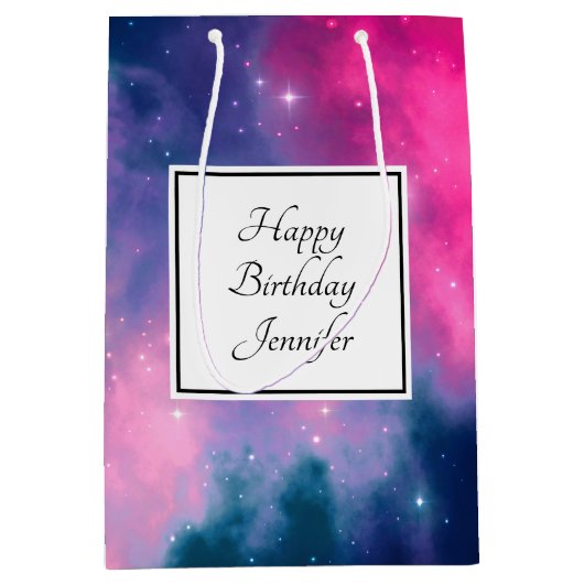 ピンクスタイリッシュ&ブルー銀河系スターズ抽象芸術誕生日 ミディアムペーパーバッグ (正面)