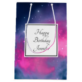 ピンクスタイリッシュ&ブルー銀河系スターズ抽象芸術誕生日 ミディアムペーパーバッグ (裏面)