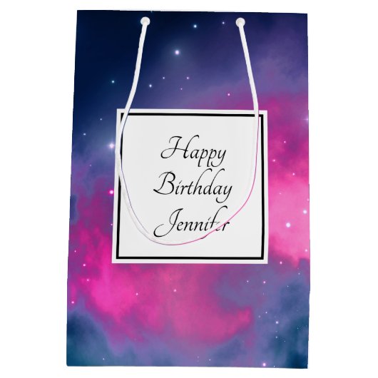 ピンクスタイリッシュ&ブルー銀河系スターズ抽象芸術誕生日 ミディアムペーパーバッグ (裏面)