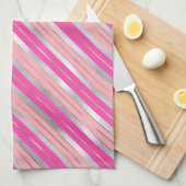 ピンクスタイリッシュ、金ゴールド、シルバーフォイルのクリスマスストライプ飾り キッチンタオル (四つ折り)