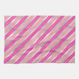 ピンクスタイリッシュ、金ゴールド、シルバーフォイルのクリスマスストライプ飾り キッチンタオル