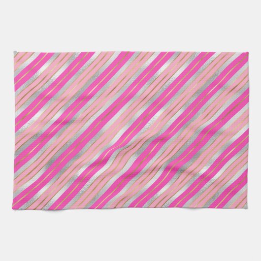 ピンクスタイリッシュ、金ゴールド、シルバーフォイルのクリスマスストライプ飾り キッチンタオル (横)
