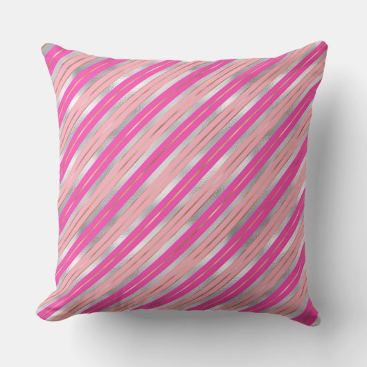 ピンクスタイリッシュ、金ゴールド、シルバーフォイルのクリスマスストライプ飾り クッション (正面)