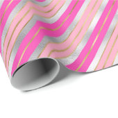 ピンクスタイリッシュ、金ゴールド、シルバーフォイルのクリスマスストライプ飾り ラッピングペーパー (ロールコーナー)