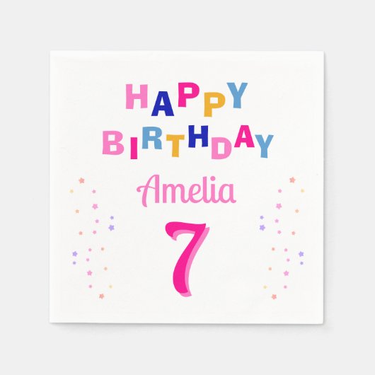 ピンクスターカラフルズガールハッピーバースデーパーティー スタンダードカクテルナプキン (正面)
